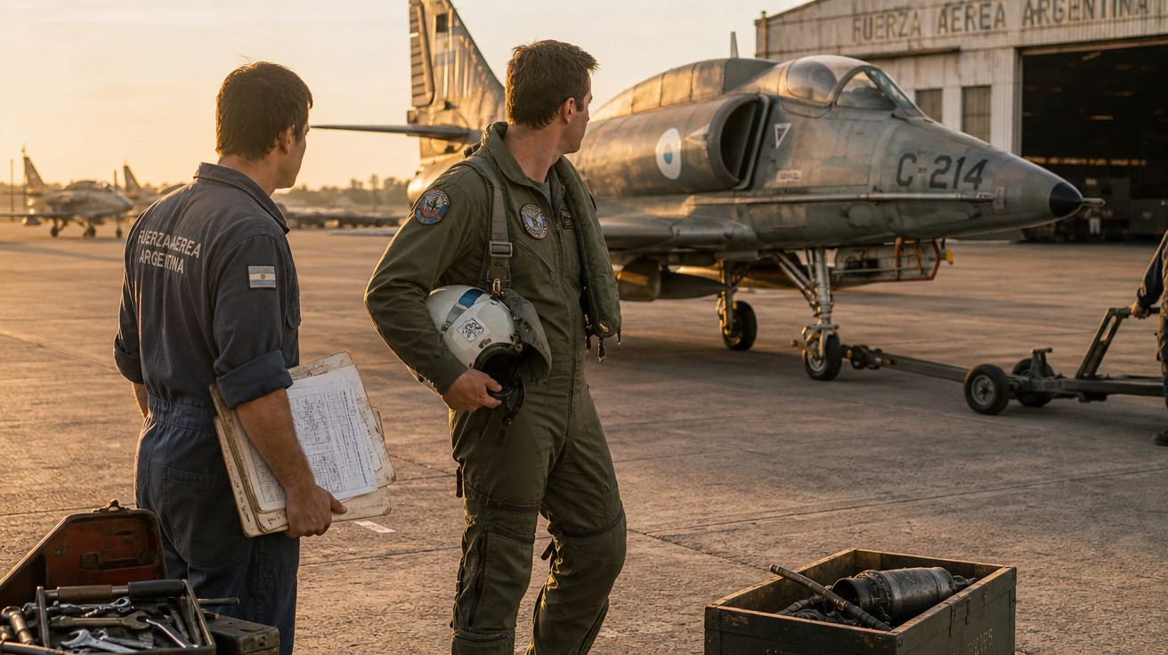 Dois militares da Força Aérea Argentina em uma base aérea, com aeronave de caça ao fundo.