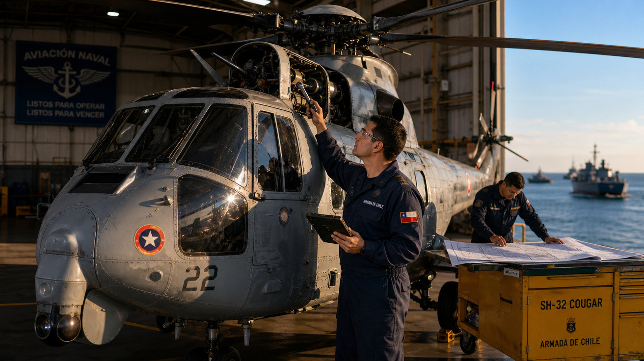 Técnicos da Marinha do Chile inspecionam helicóptero SH-32 Cougar em hangar próximo ao mar ao pôr do sol.