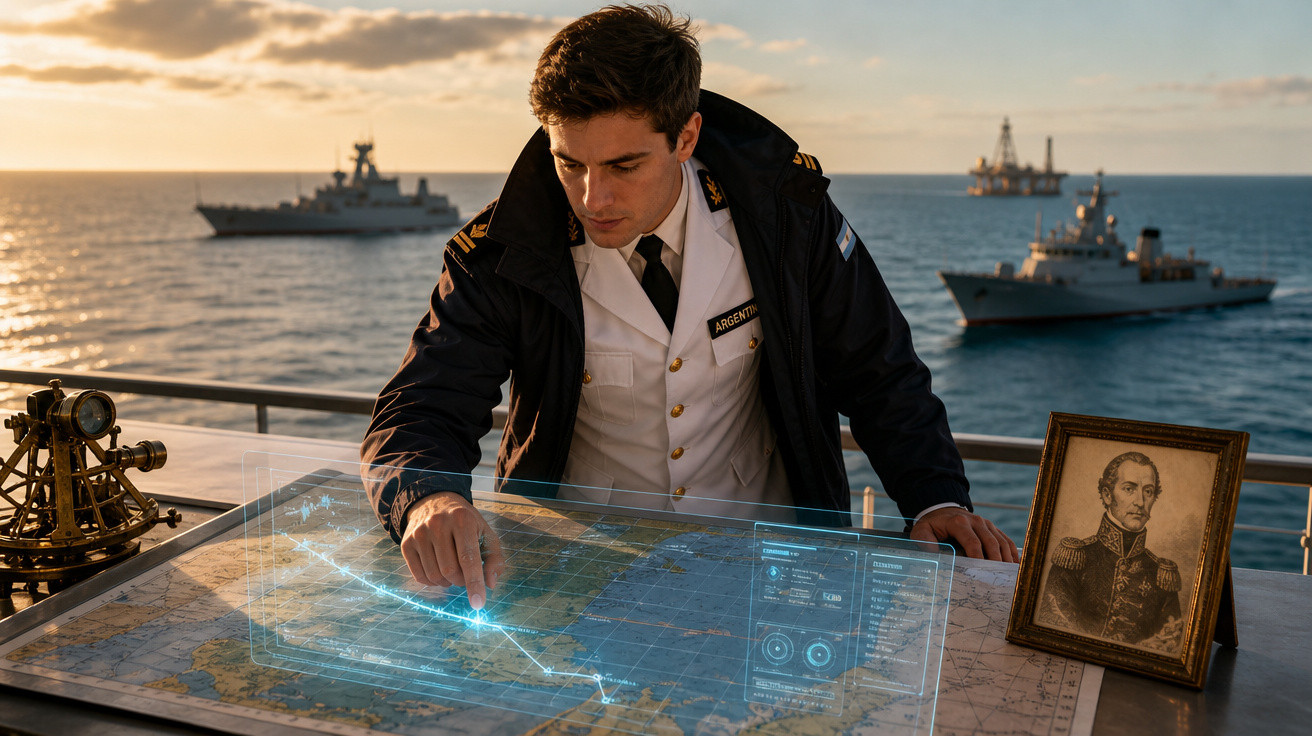 Oficial naval argentino aponta rota em mapa holográfico no convés com navios de guerra ao fundo.