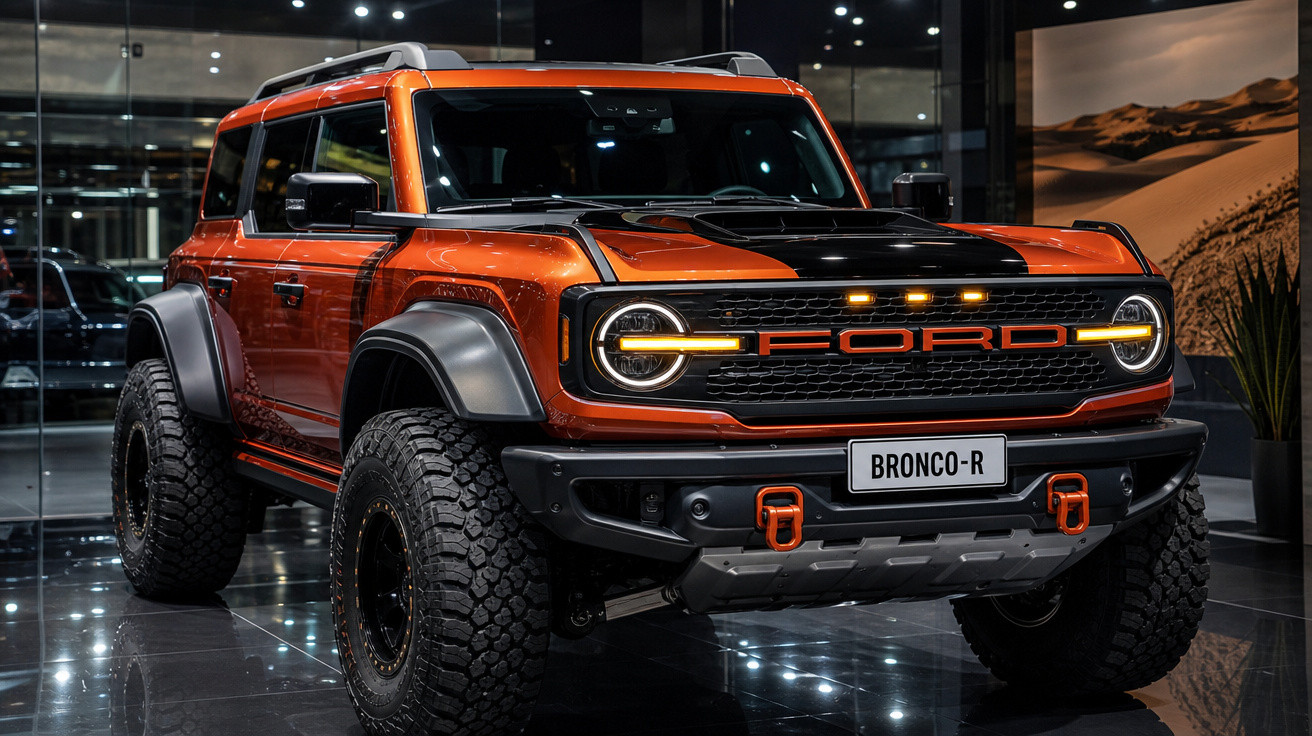 SUV Ford Bronco-R laranja com detalhes pretos exibido em ambiente interno espelhado.