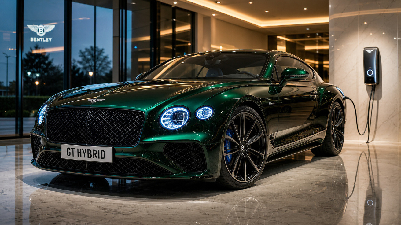 Carro esportivo Bentley GT Hybrid verde escuro em carregador elétrico dentro de garagem moderna.