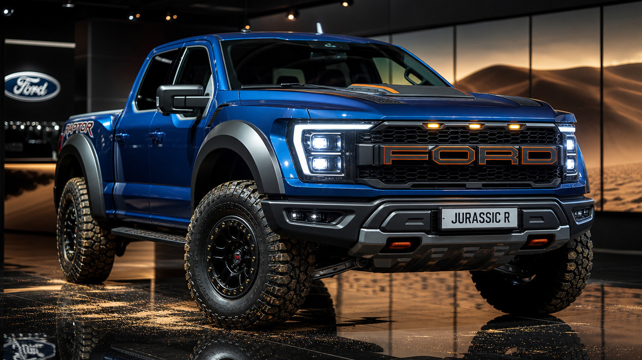 Picape Ford Raptor azul exibida em showroom com número de placa personalizado Jurassic R.