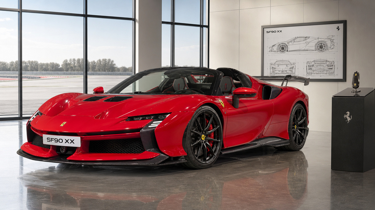 Carro esportivo Ferrari SF90 XX conversível vermelho em showroom moderno com piso refletivo.