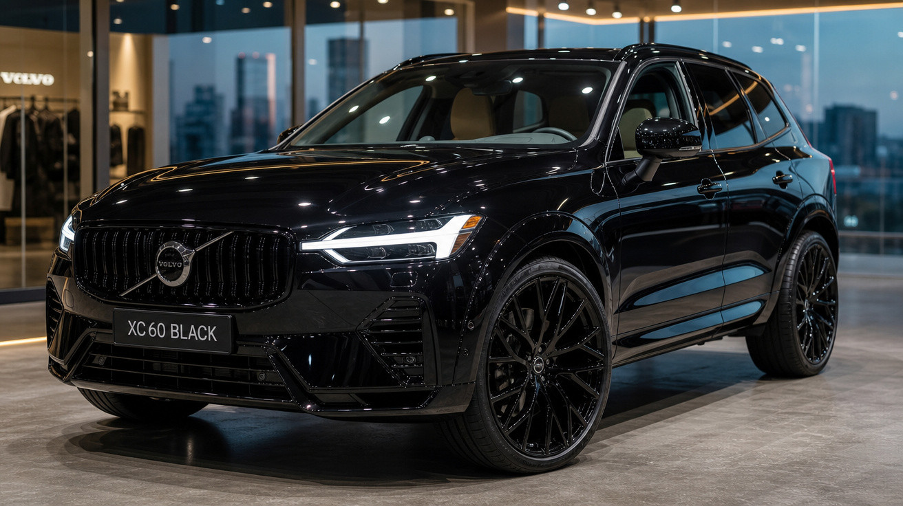 Carro SUV Volvo XC60 Black preto estacionado em showroom moderno com iluminação interna.