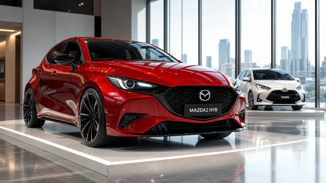 Carro vermelho Mazda2 híbrido exposto em showroom moderno com veículo branco ao fundo e vista urbana.