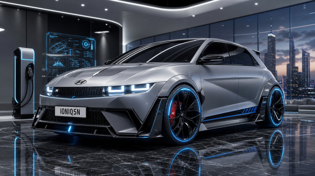 Carro elétrico Hyundai Ioniq 5N prateado com luzes azuis em showroom moderno à noite.
