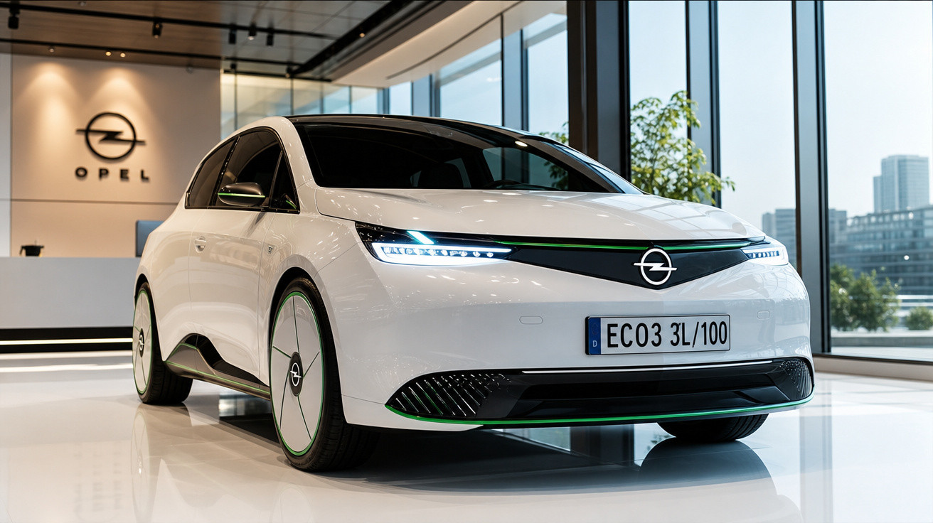 Carro elétrico branco da Opel em exposição com design moderno e faróis de LED finos em showroom.