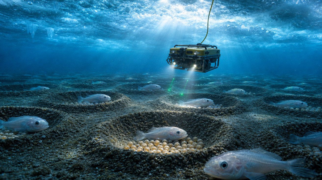 Veículo subaquático explorando ninho de peixes com ovos no fundo do mar iluminado pela luz solar.