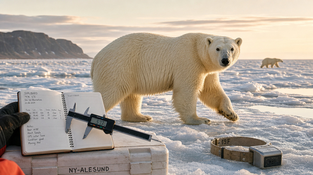 Urso polar sobre gelo no Ártico ao pôr do sol, com equipamento científico e caderno de dados ao lado.