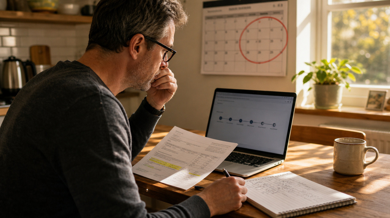 Homem de óculos analisa documentos e anota em caderno com laptop e calendário na parede ao fundo.