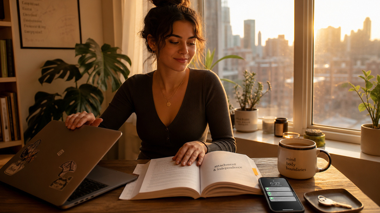 Mulher estudando com livro aberto, laptop e celular sobre mesa, luz do pôr do sol entrando pela janela.