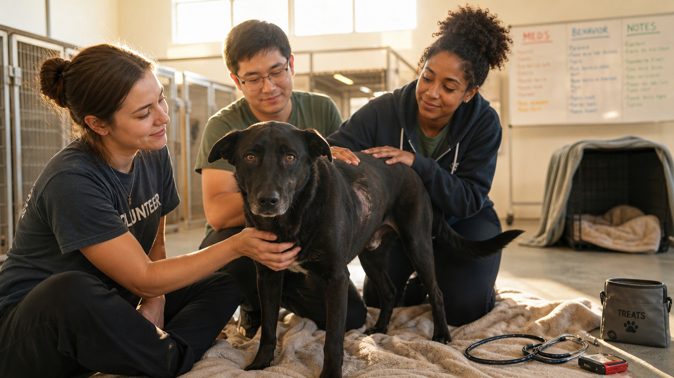 Três voluntários cuidam e acariciam um cão preto em abrigo de animais com equipamentos veterinários ao lado.
