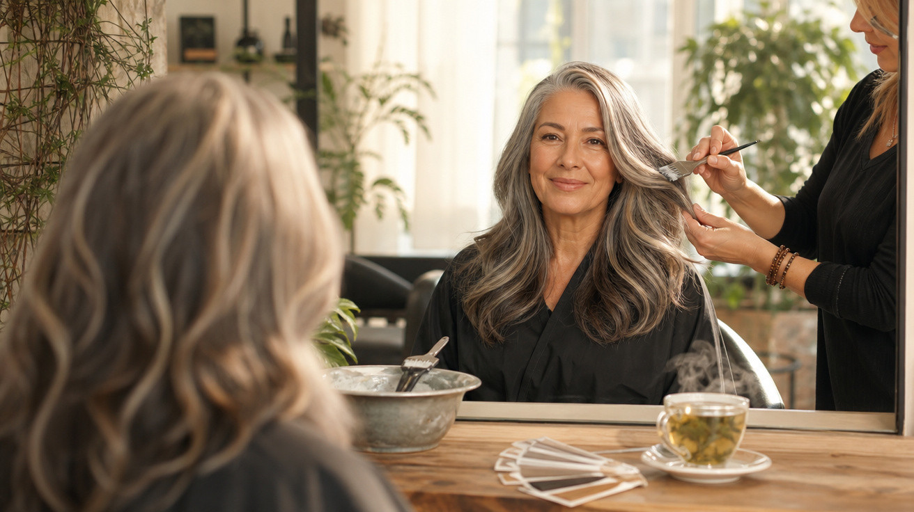 Mulher madura sorrindo ao receber coloração de cabelo em salão, vista pelo espelho.