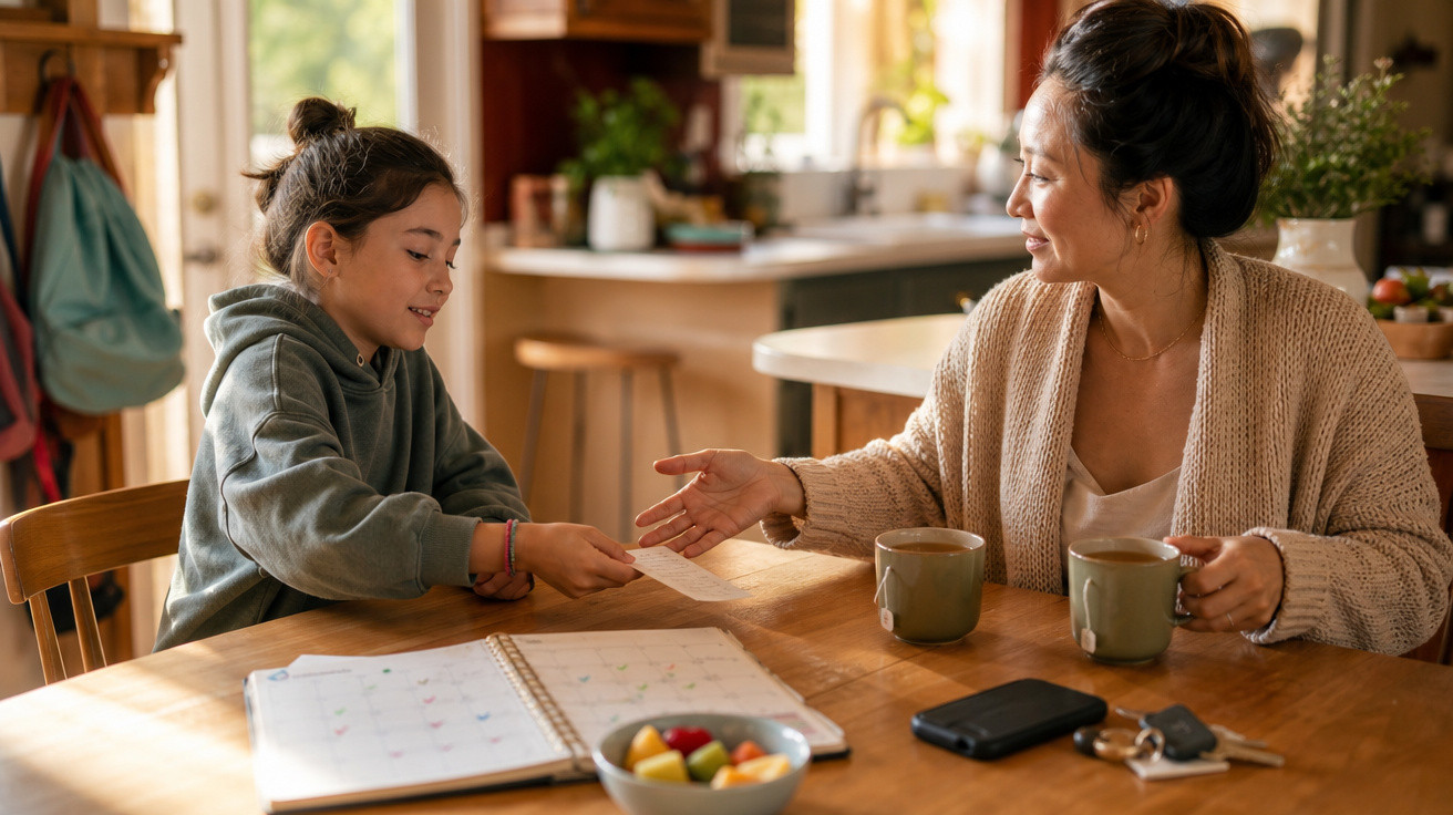 Mãe e filha sentadas à mesa trocando um papel, com cadernos, frutas, celular e chaves à frente.