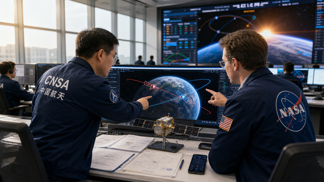 Dois cientistas, um da CNSA e outro da NASA, analisam dados de satélites em monitoramento espacial.