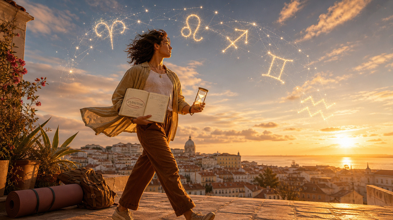 Mulher segurando ampulheta e caderno sob céu ao pôr do sol com signos do zodíaco iluminados.