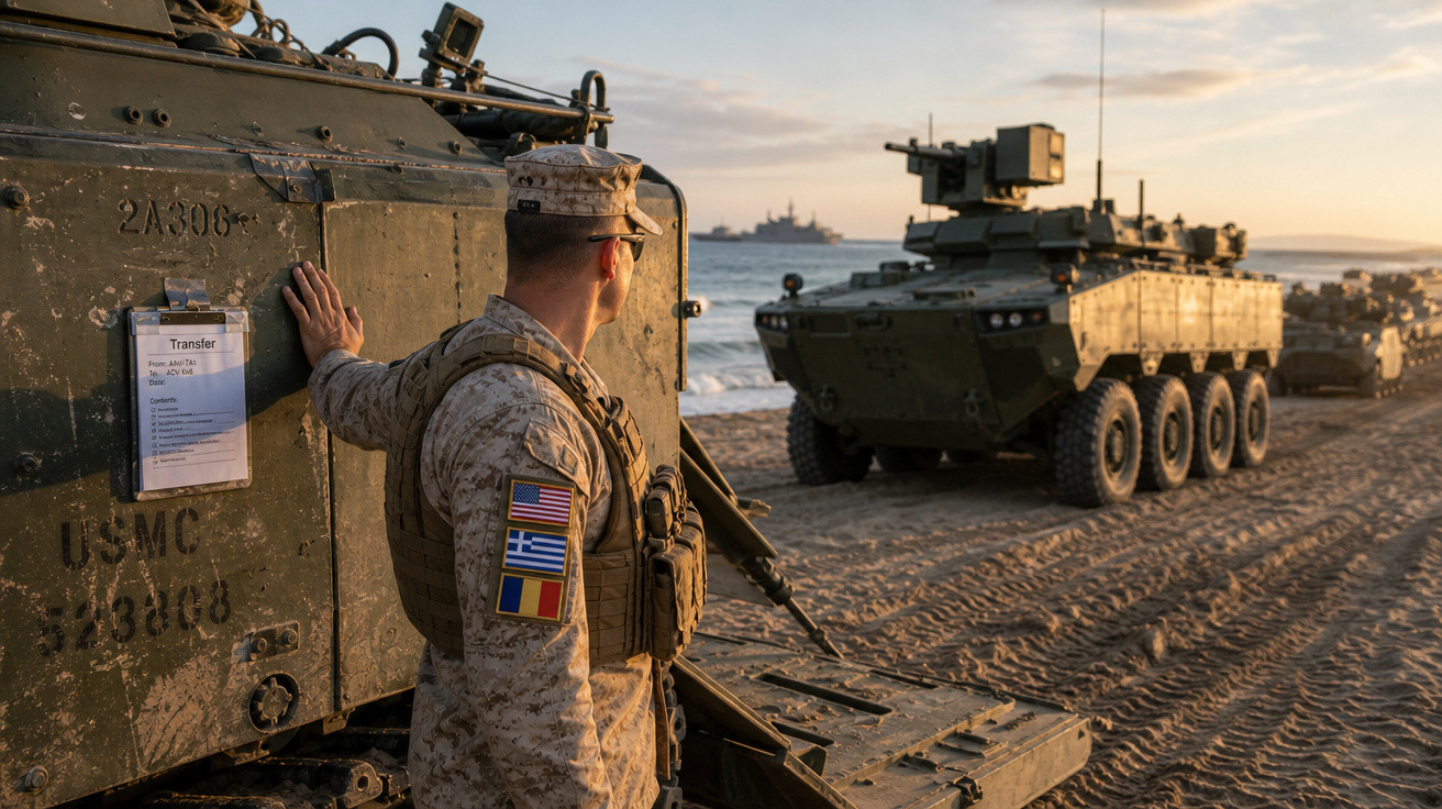 Soldado em uniforme militar observa veículos blindados na praia ao pôr do sol.