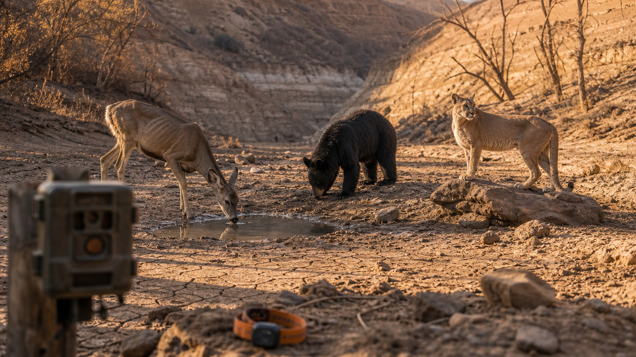 Veado, urso e puma bebendo água em poça seca no solo árido de uma paisagem desértica.