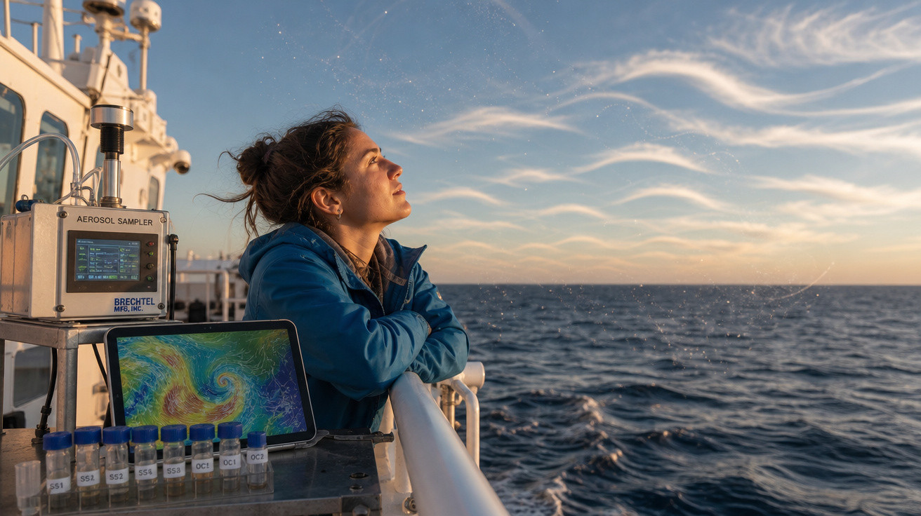 Mulher em navio científica observa o mar ao pôr do sol com equipamentos de monitoramento atmosférico.