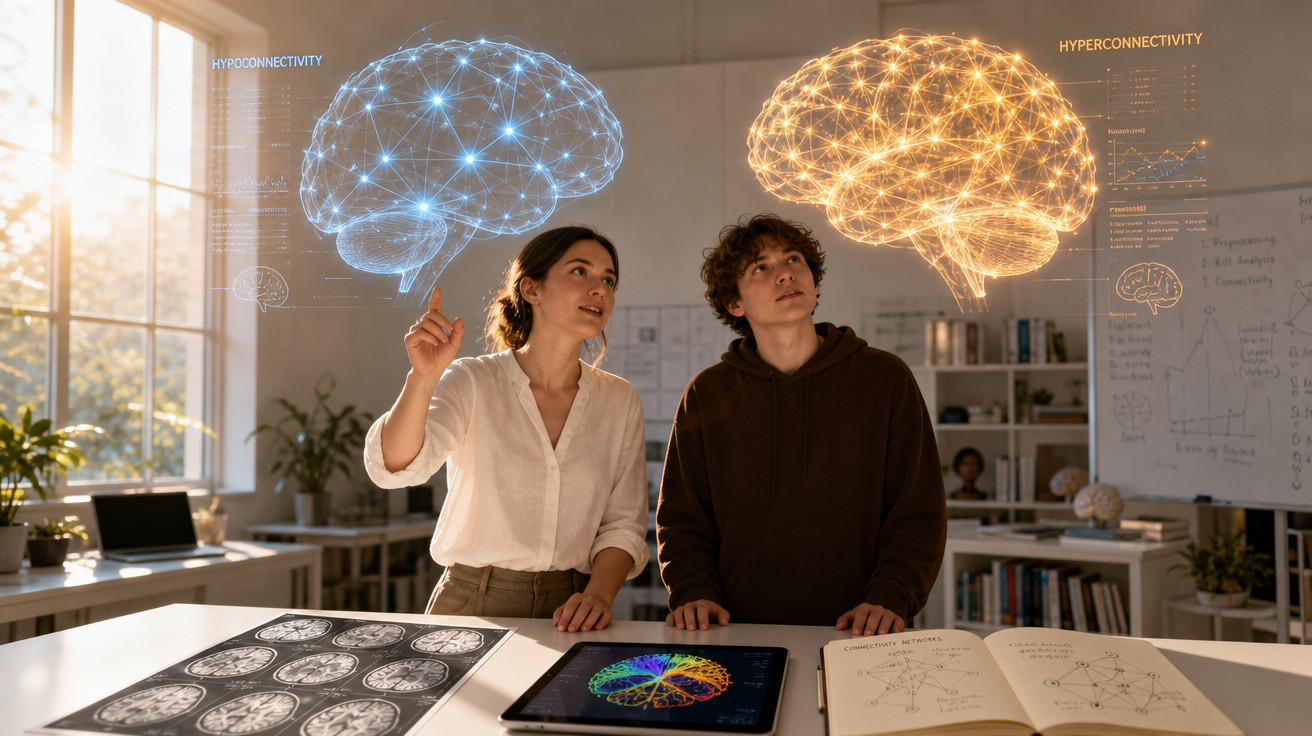 Duas pessoas estudando conexões cerebrais holográficas azuis e amarelas em ambiente de laboratório moderno.
