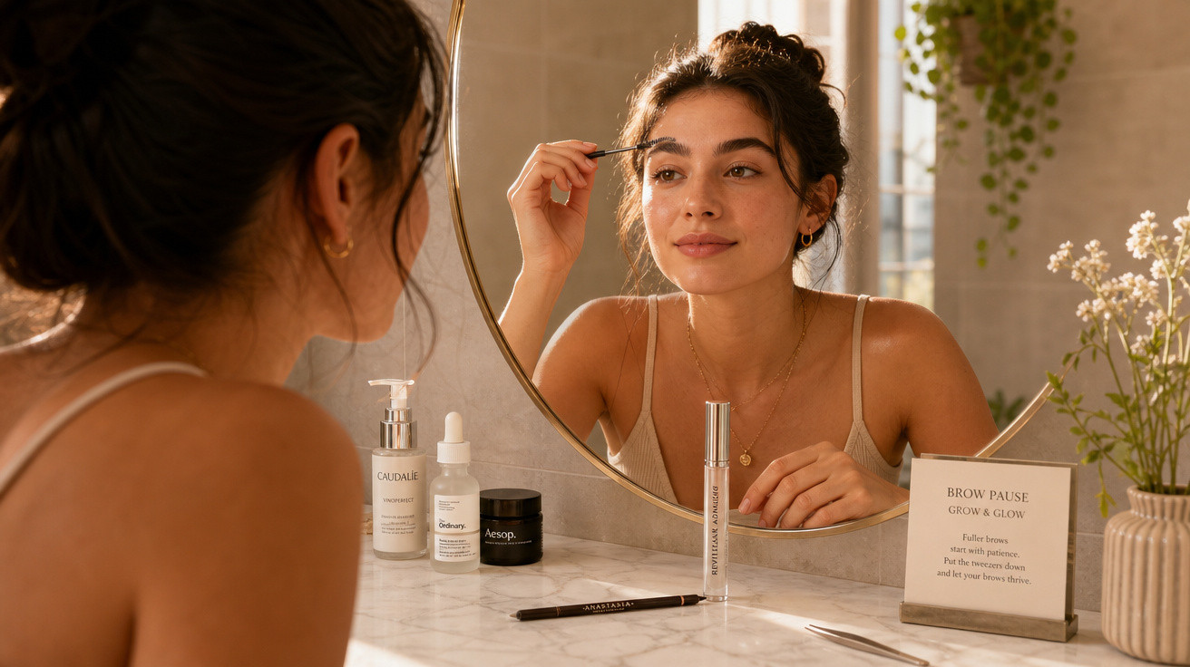 Mulher aplicando maquiagem nas sobrancelhas em frente ao espelho, com produtos de beleza na bancada.