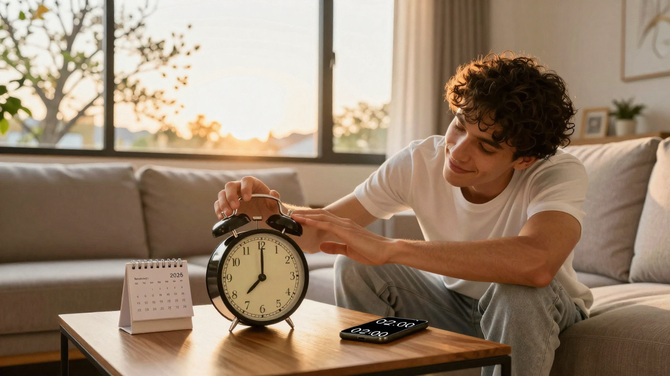 Jovem ajusta despertador em mesa com calendário e celular mostrando 2h em sala iluminada pelo sol.