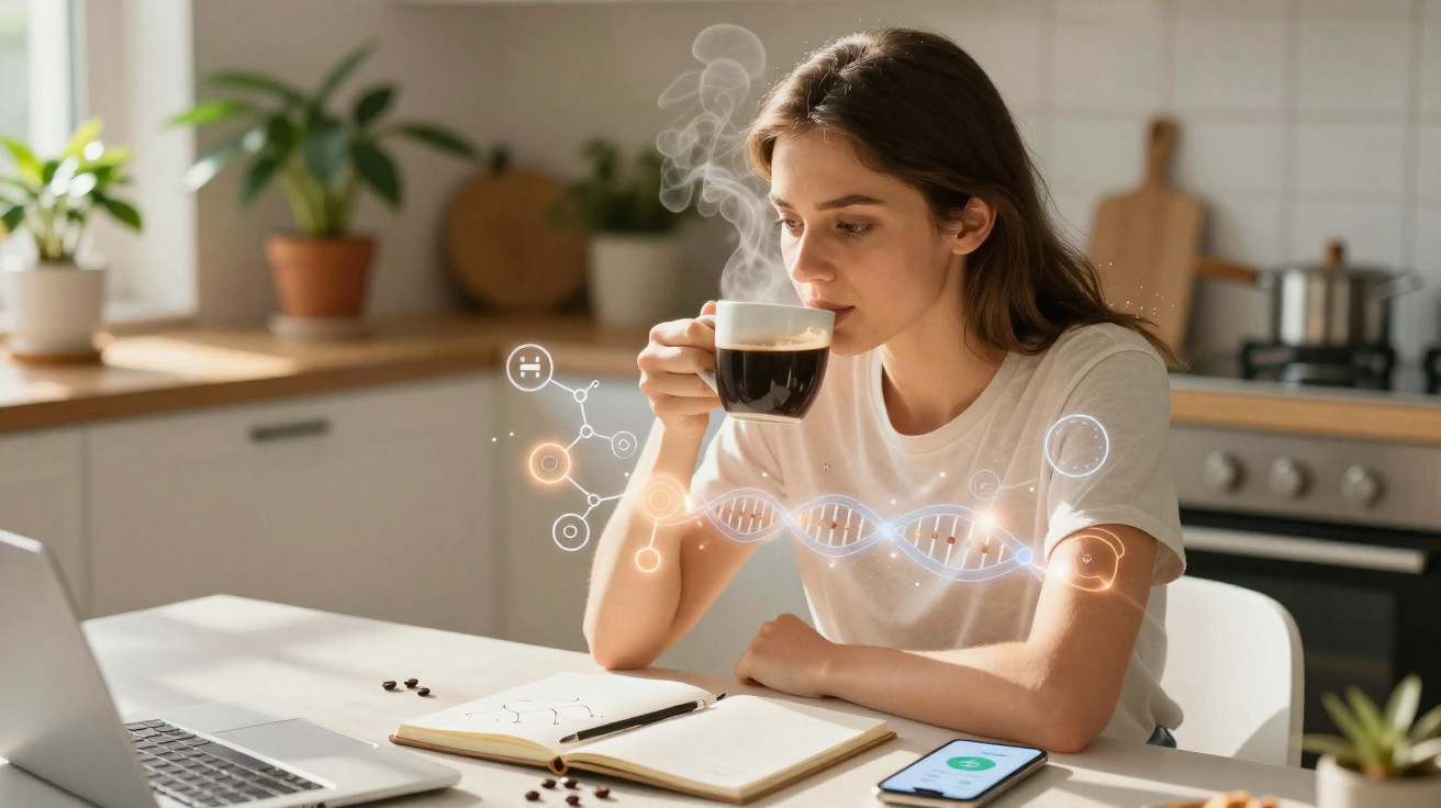 Jovem mulher tomando café em cozinha, com notebook, caderno aberto e celular na mesa, hologramas científicos ao redor.