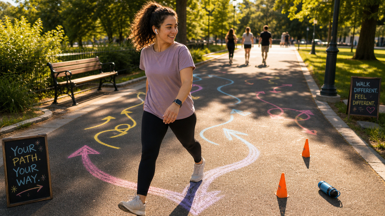 Mulher sorridente caminhando em parque com caminhos coloridos de giz no chão e placas motivacionais.