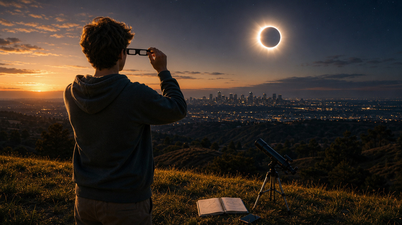 Pessoa observa eclipse solar com óculos especiais em colina com cidade ao fundo ao entardecer.