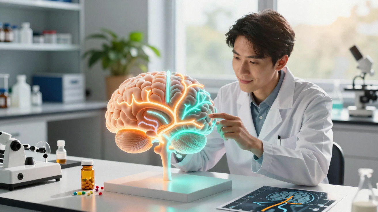 Pesquisador em laboratório interage com modelo iluminado do cérebro humano sobre mesa branca.