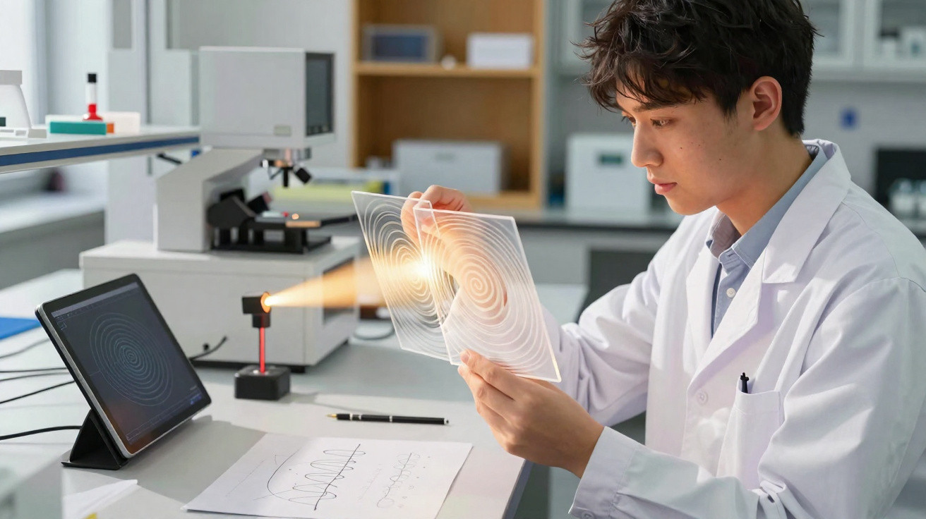 Pesquisador em laboratório analisando holograma com padrões circulares e gráficos na mesa.