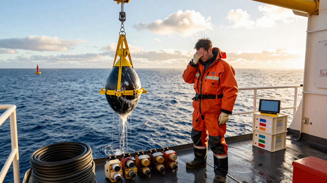 Homem com roupa de proteção laranja observa equipamento de pesquisa marinha sendo içado em navio ao pôr do sol.