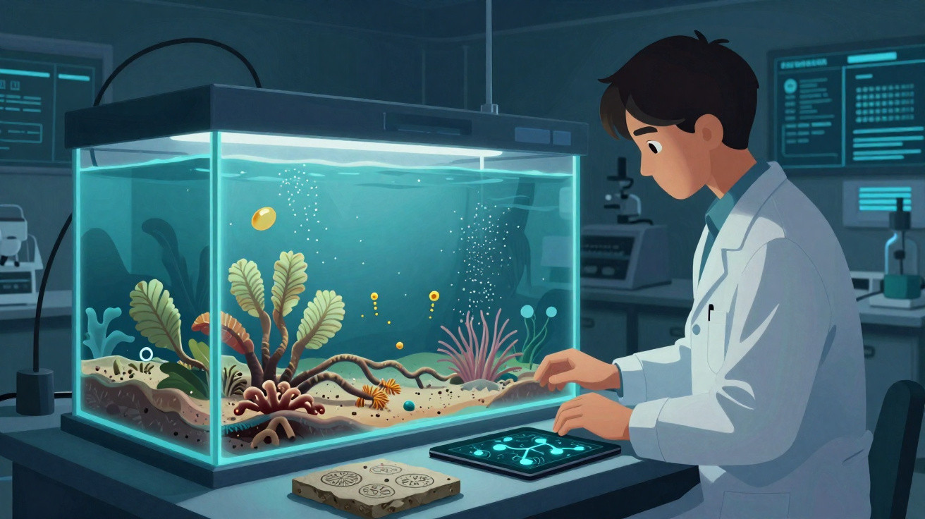Cientista em laboratório observa aquário com plantas aquáticas e bolhas, usando tablet digital.