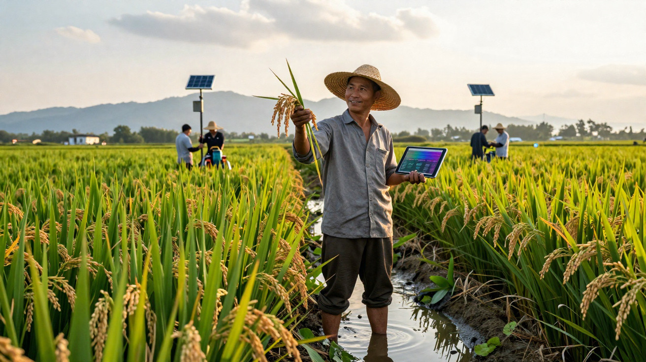 Agricultor em campo de arroz segurando planta e tablet, com outras pessoas e painéis solares ao fundo.