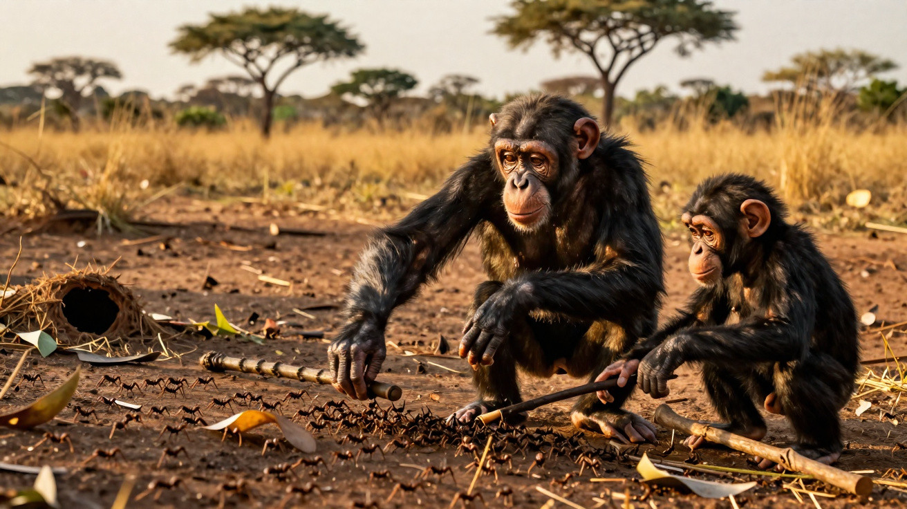 Dois chimpanzés sentados no chão seco de uma savana com árvores ao fundo, manipulando gravetos.