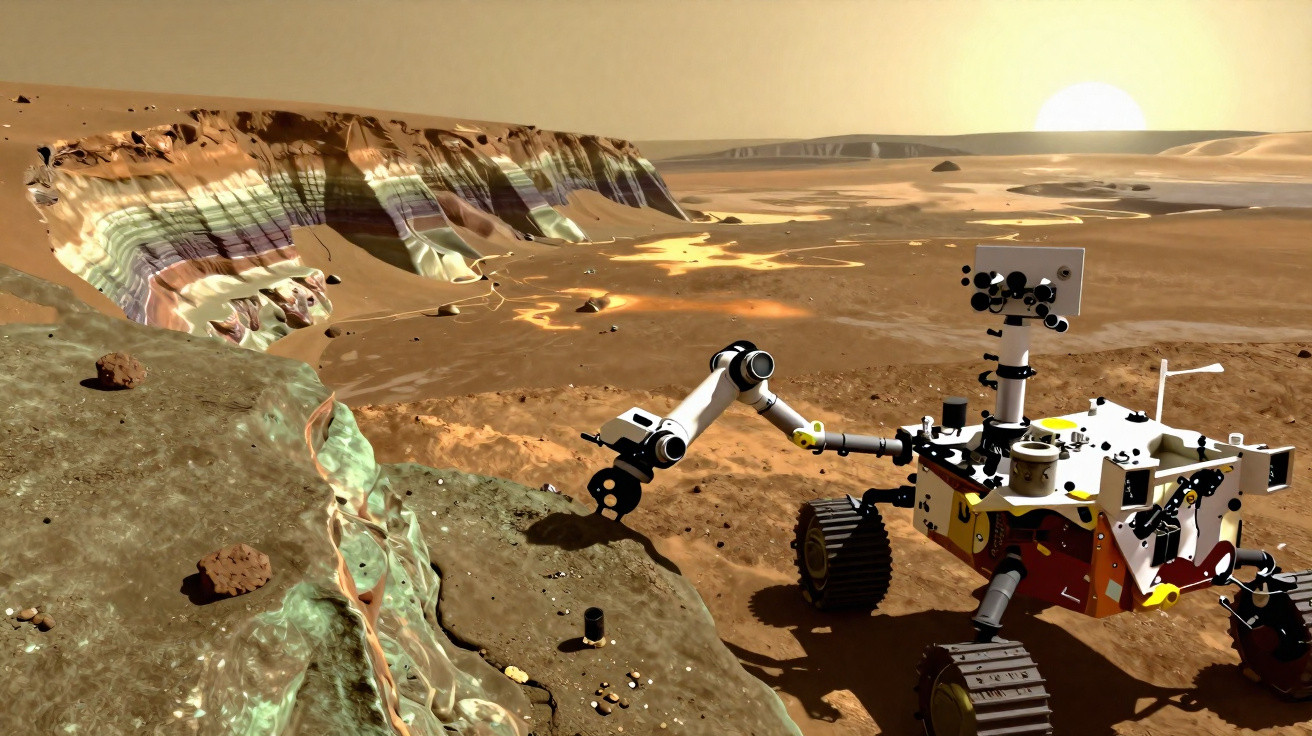 Rover explorando a superfície acidentada e colorida de Marte sob luz do sol poente.