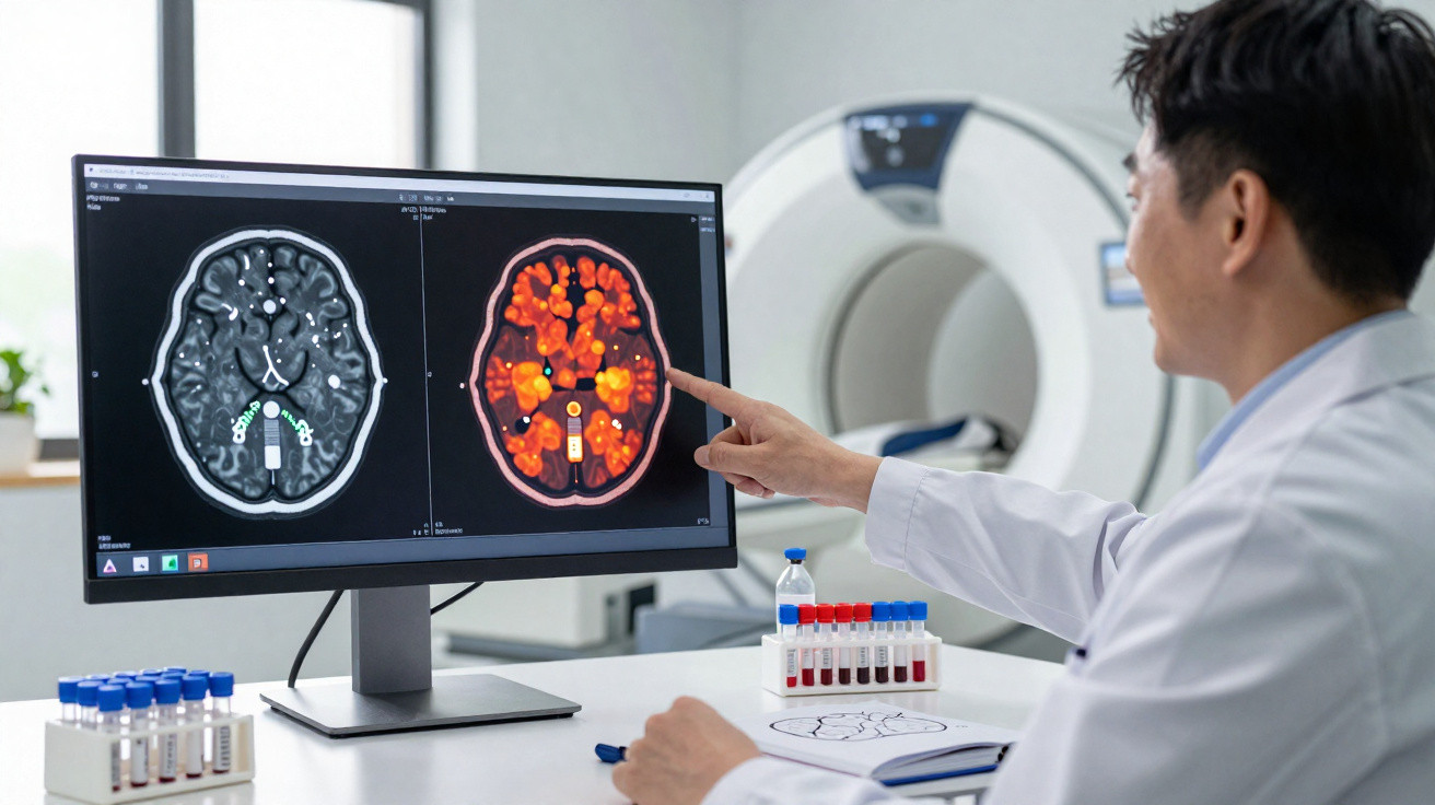 Médico analisando imagens de ressonância magnética do cérebro com pontos destacados em ambiente hospitalar.