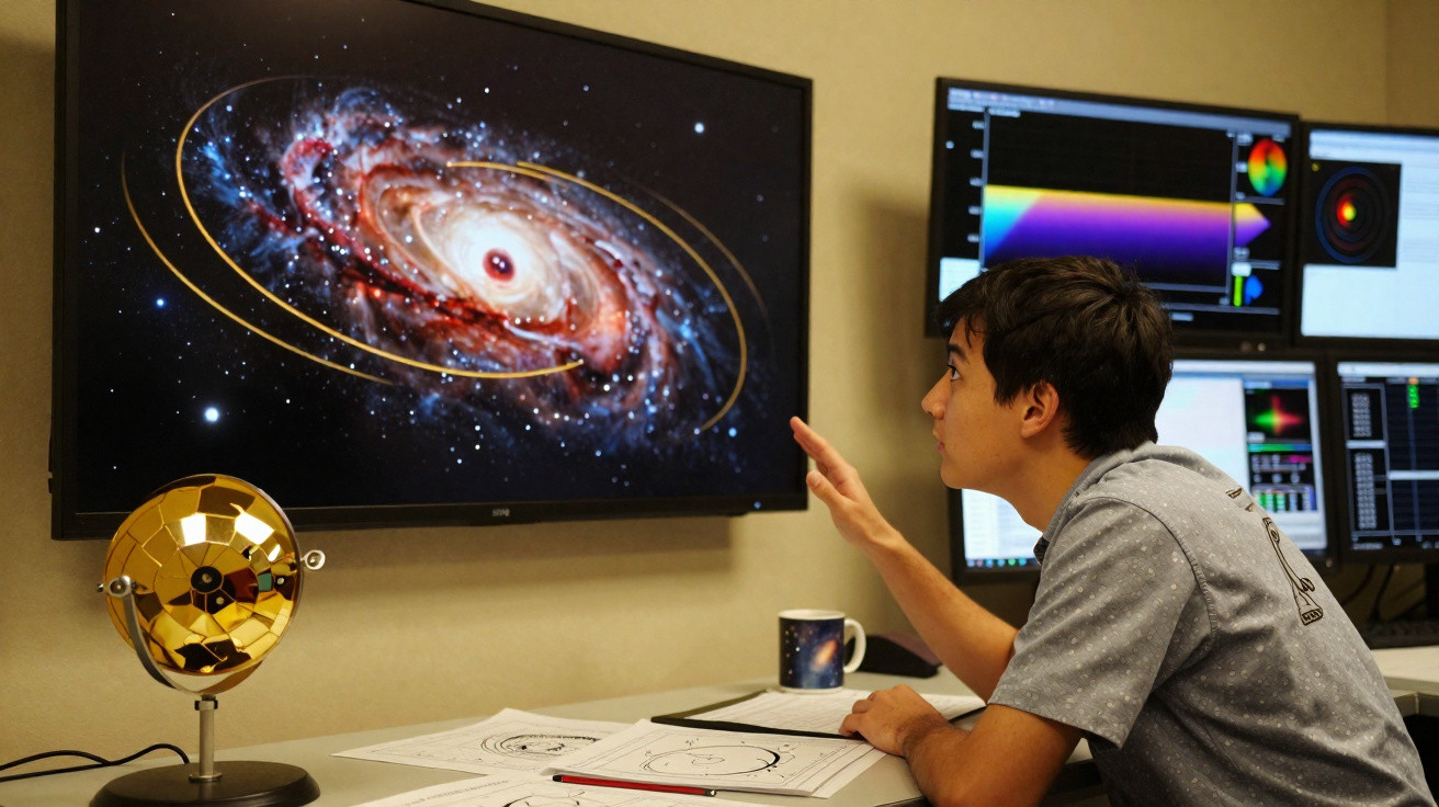 Jovem estudando imagens e dados astronômicos de galáxias em múltiplos monitores numa mesa de trabalho.