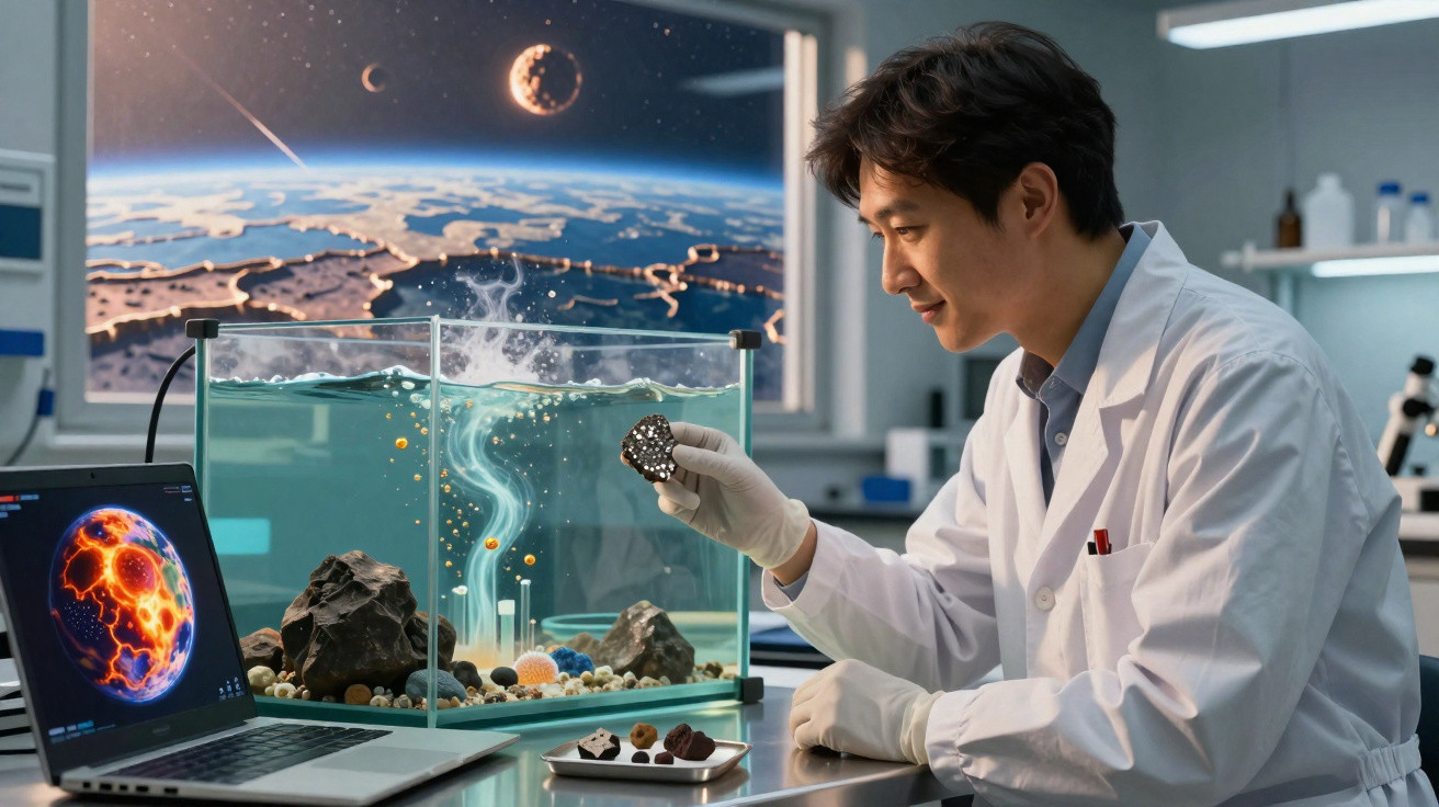 Cientista em laboratório observa amostra de rocha próxima a aquário com reações químicas e tela de planeta.