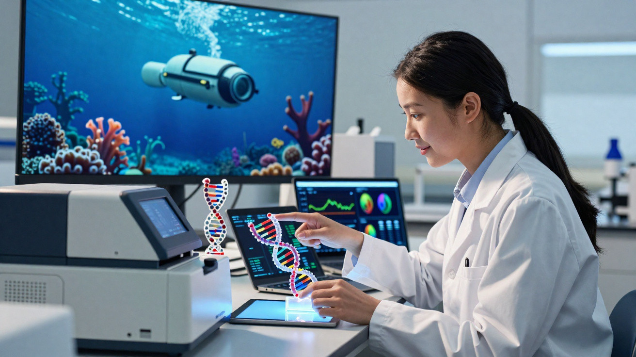 Cientista em laboratório analisando modelo 3D de DNA com equipamentos e telas de dados científicos.