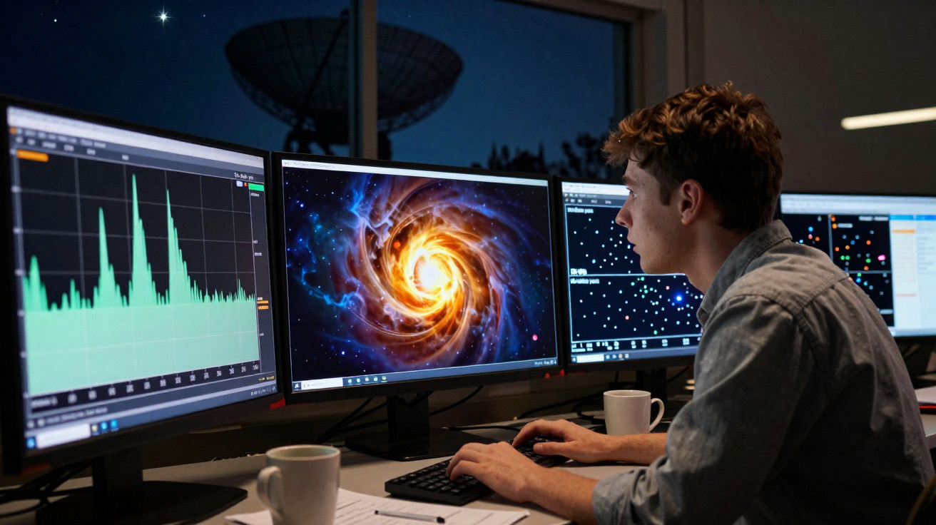 Jovem cientista observa dados astronômicos e uma imagem de galáxia espiral em múltiplos monitores.