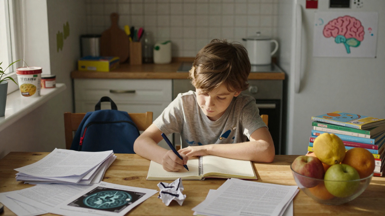 Criança estudando à mesa com livros, cadernos, mochila e frutas em cozinha iluminada pela luz natural.