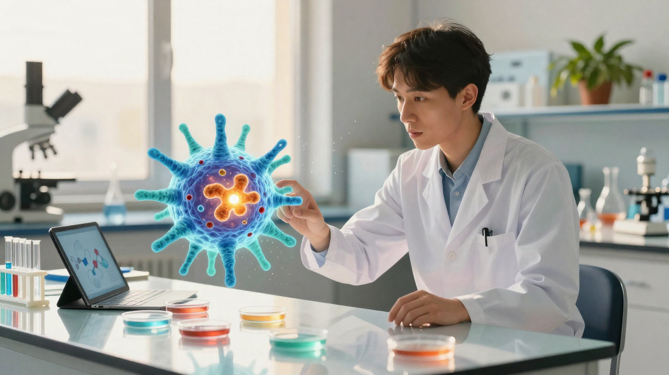 Cientista em laboratório analisando modelo holográfico 3D de vírus com placa de Petri colorida na mesa.