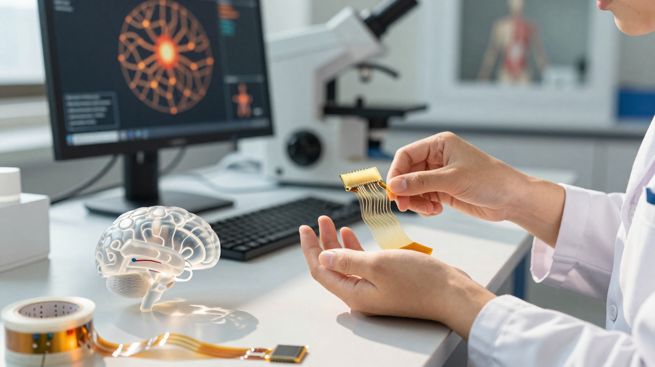 Pesquisador manipula circuito flexível enquanto holograma de cérebro e monitor mostram dados neurológicos.