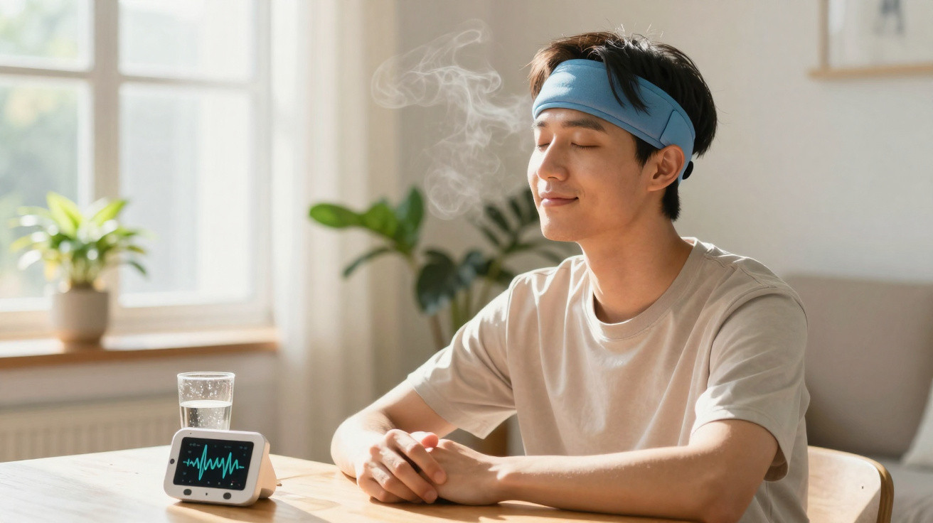 Jovem relaxando em ambiente iluminado com vaporizador e monitor de batimentos cardíacos na mesa.