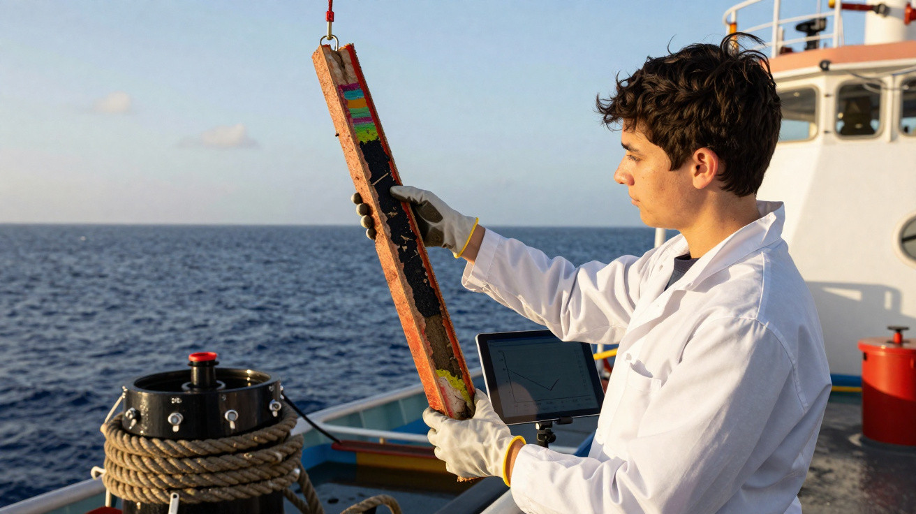 Jovem cientista em laboratório de navio analisa amostra de sedimentos do mar com luvas brancas.