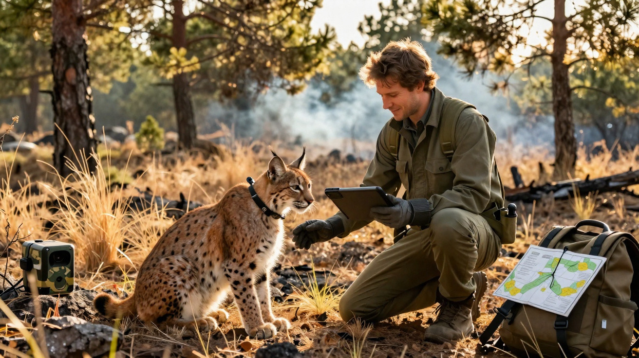 Homem em roupas de campo interage com lince e usa tablet em floresta seca ao amanhecer.