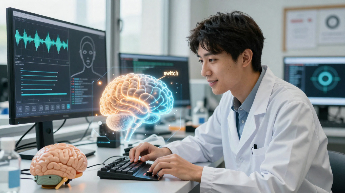 Pesquisador em laboratório analisando imagem holográfica de cérebro humano em tela de computador.