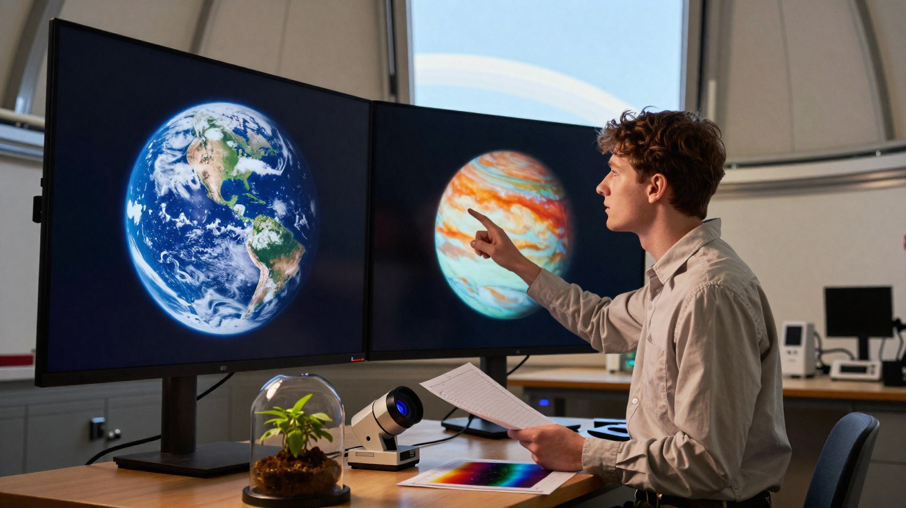 Jovem estudando imagens da Terra e Júpiter em monitores duplos dentro de observatório.
