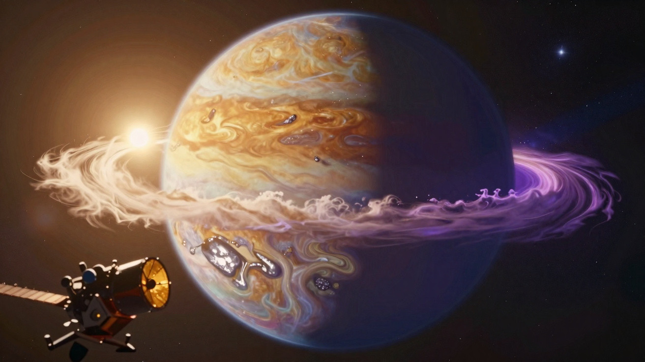 Planeta gigante com anéis brilhantes e espaçonave observando no espaço com fundo estrelado.